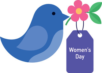 Blue Bird with Flower and Women's Day Tag Vector Illustration for International Women's Day Greetings