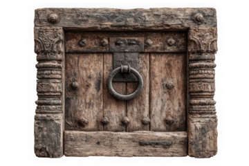 Antique wooden door with ring handle isolated on transparent background