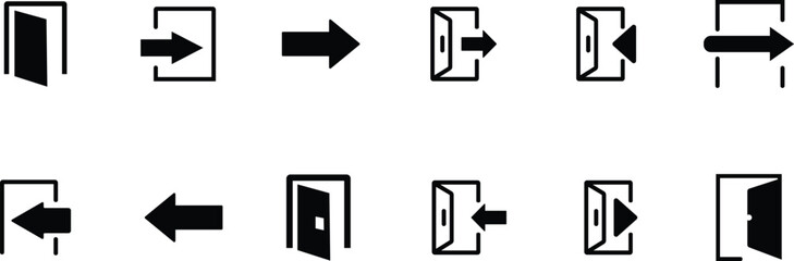 Door Exit and Entrance Arrow Icons Set &ndash; Black Vector Symbols