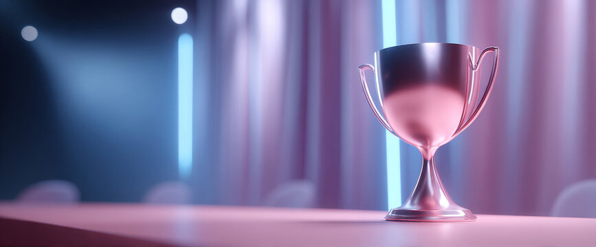 Shiny silver trophy cup on a pink table with soft blue and purple lighting and blurred background for award ceremony or achievement concept