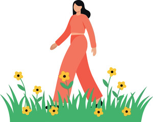Confident Woman Walking in Nature for International Womens Day Celebration, Modern Flat Illustration
