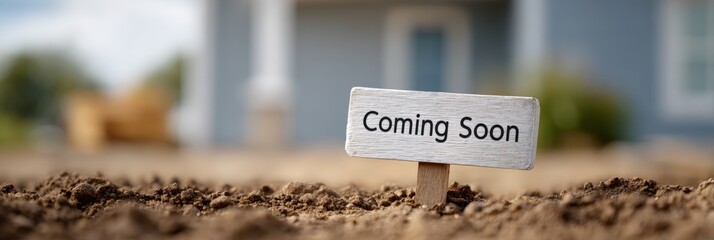 Coming soon real estate sign planted in dark brown cultivated soil, anticipating upcoming new house construction or property listing on a residential plot of land