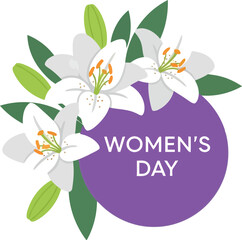 Elegant Women's Day Floral Illustration with White Lilies and Purple Circle for Celebration Designs