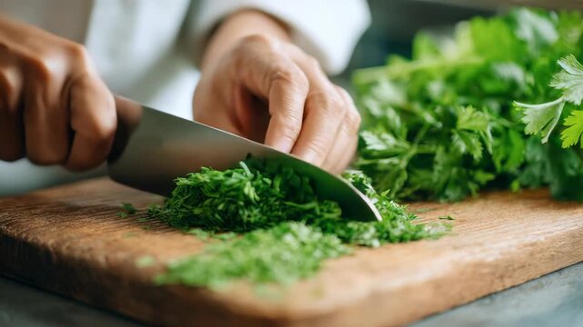 Professional chef slicing vibrant green herbs with a sharp knife, showcasing precise culinary skills. Fresh parsley and cilantro are prepared for cooking delicious and nutritious dishes
