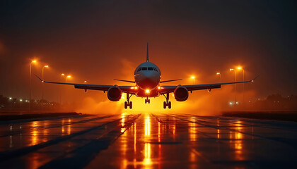 Obraz premium Aircraft at night on the runway. Airplane taking off during the golden hour in the dark. Plane illuminated with lights. Evening flight on the aerodrome. Transportation and travel concept.