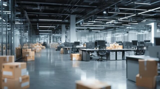Contemporary office environment featuring glass partitions, ergonomic chairs, and scattered moving boxes. The scene suggests a corporate move, renovation, or new business setup in a modern workspace