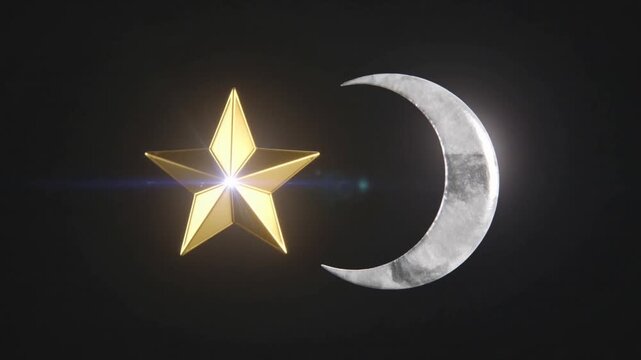 Golden star and crescent moon against a dark background.