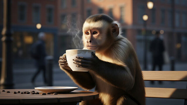 A capuchin monkey sits at an outdoor cafe table, holding a steaming white cup with coffee beans scattered nearby in a bustling city street.