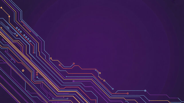 Vibrant circuit board design with colorful neon lights on dark purple background