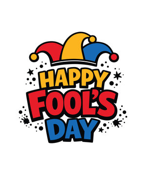PrintHappy fools day text with jester hat illustration. colorful typography design for april 1st celebration