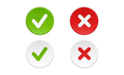 Set of four 3d checkmark and cross symbols in green red and white circles for selection and decision making buttons