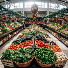 Abundant fresh produce displayed in a brightly lit grocery store