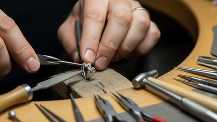 Jeweler crafting diamond ring with precision tools on workbench