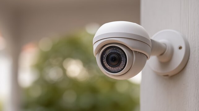 Dome security camera on house wall. Close-up of white CCTV dome camera with infrared LEDs mounted on exterior wall, blurred green background, daytime, home surveillance.