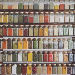 Organized spice rack with assorted jars of colorful seasonings, arranged by type and tone on a clean surface.