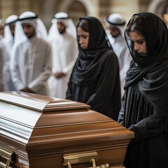 Group of mourners in traditional Middle Eastern attire gathered around a wooden casket, expressing grief, respect, and cultural mourning.