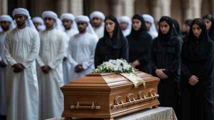 Funeral scene with Middle Eastern men and women in traditional dress, surrounding a wooden coffin in a setting of grief and reverence.