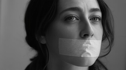 Close-up of a female face with tape over mouth, styled in monochrome, expressing themes of freedom of speech and emotional restraint.