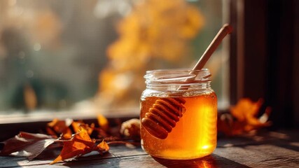 Honey jar with wooden dipper on table near window in autumn sunlight - Powered by Adobe