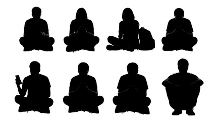 Silhouettes of people sitting in various relaxed and contemplative poses, some using mobile phones, against a white background.