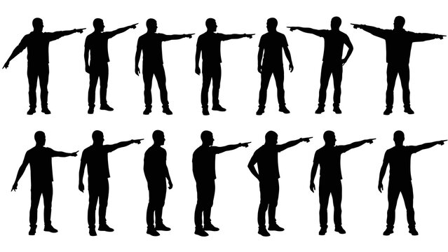 A collection of black silhouettes of men pointing in various directions, isolated on a white background.