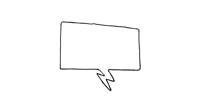 Hand-drawn rectangular speech bubble animation with lightning tail on white background, black outline doodle for comic strips, social media, and creative messaging.
