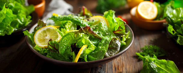 Creative food template. Simple light leafy greens lettuce Salad with lemon slice wedge, linen cloth, fork on rustic wooden table top. copy text space. Long banner