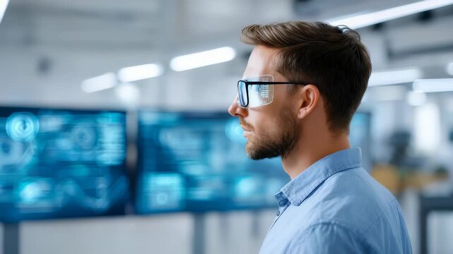 A focused man in smart casual attire observes advanced digital interfaces displaying analytics in a high tech workspace. The scene emphasizes innovation, data analysis, and future technology trends