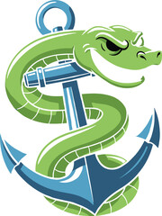 Aggressive green snake wrapped around sharp blue anchor symbolizing strength, resilience, maritime power, danger, and nautical-themed vector illustration design. © Hello World