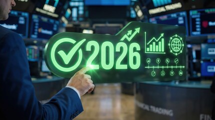 Digital business analytics for 2026 growth,financial data dashboard visualization,investment strategy and performance trends on futuristic screen