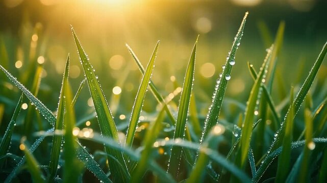 Dew-kissed grass blades glisten in warm sunlight