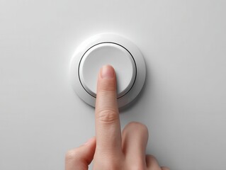 Hand pressing a modern white button on a smooth surface, showcasing sleek design and minimalism, with copy space for text or graphics