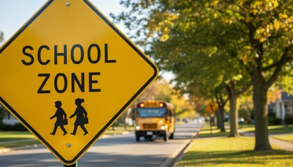 Yellow school zone sign featuring children walking warning drivers about increased pedestrian activity with a yellow school bus driving in the background on a tree lined street