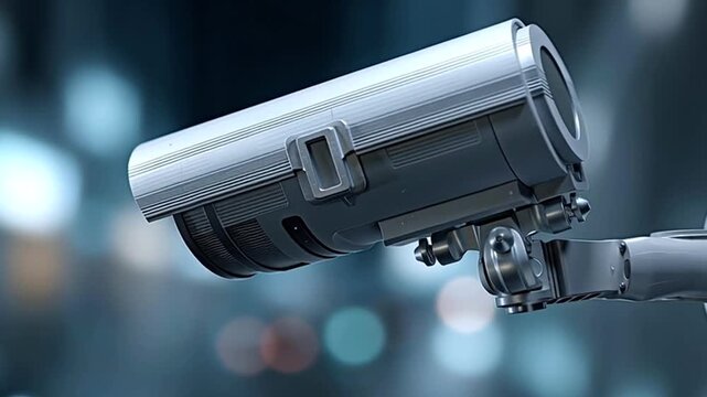 Modern surveillance camera rotating to scan a city street at night, providing continuous protection and monitoring with a red recording light blinking against a blurred urban background