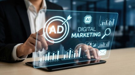AI powered digital marketing interface with analytics dashboard,virtual advertising technology concept for business performance and campaign management