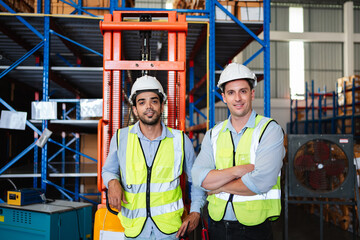 Warehouse worker in safety vest and hard hat in a large storage facility. Logistics, inventory management, and industrial supply chain concept.