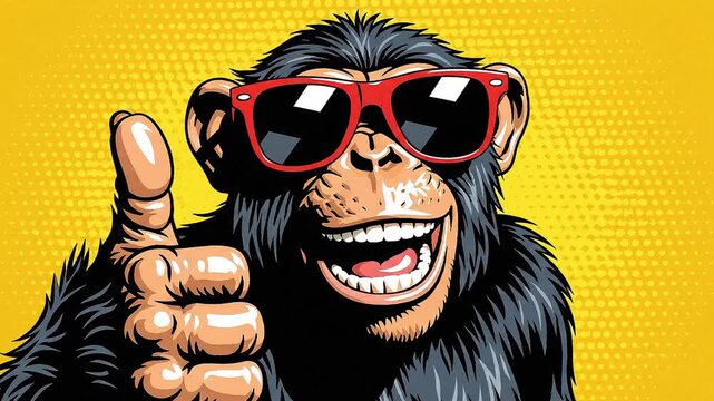 A cheerful monkey wearing red sunglasses gives a thumbs up