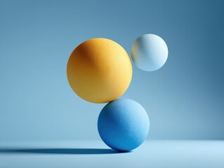 Colorful spheres in a balanced arrangement, showcasing vibrant hues of yellow, blue, and white against a soft blue background, with ample copy space for creative design