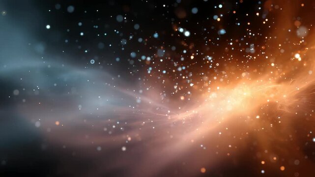 Vibrant digital illustration of a cosmic nebula with floating particles, blending orange and blue hues in a dreamy, ethereal atmosphere. Perfect for science, technology, or fantasy themes