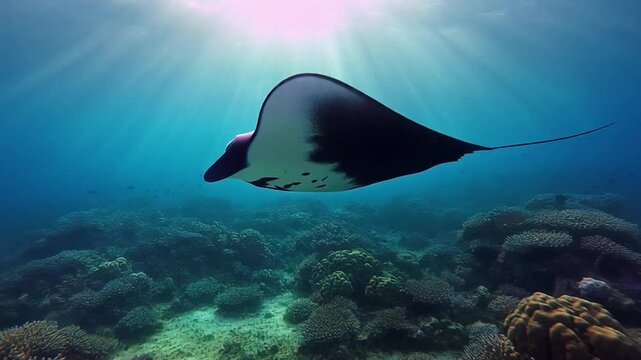 Majestic stingray gliding over vibrant coral reef