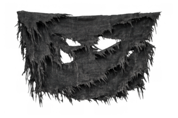 Torn black fabric with frayed edges creating a distressed gothic textile element on transparent background