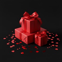 Elegant red gift boxes with satin ribbons and heart confetti for Valentine's Day celebration