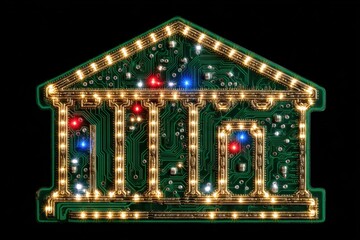 Abstract minimalism featuring a clean green circuit board with gold traces, illuminated with colorful lights, resembling a classical building structure, showcasing technology and artistry