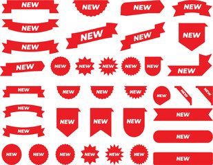 Eye-catching red 'NEW' labels, ribbons, and badges for product announcements and sales promotions