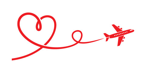 Illustration of red airplane flying with heart shaped trail