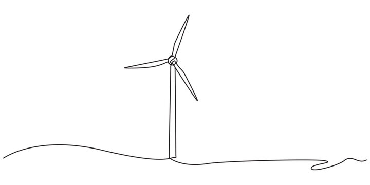 Continuous one line drawing of wind turbines eco energy. simple wind turbines outline vector illustration, Wind mill, wind generator energy, single continuous line art drawing. Windmill tower save pro