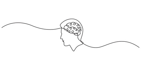 Obraz premium Continuous one-line drawing of a human head with a brain. Symbol of mental thinking in a simple linear style. Concept of psychology, learning. Vector editable illustration .