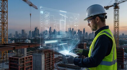 Smart construction site with AR technology,engineer using tablet to manage building project,augmented reality digital blueprint,modern civil engineering innovation concept