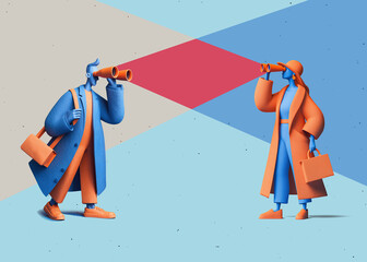 Flat design. woman and man with binoculars looks forward. Single, lonely people find each other concepte. Poster with copy space.