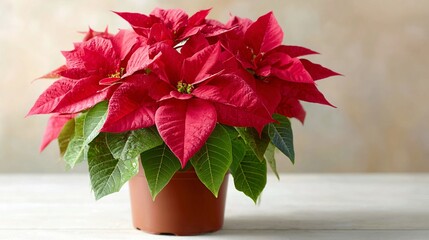 Beautiful red poinsettia plant in a pot with vibrant green leaves on a light wooden surface